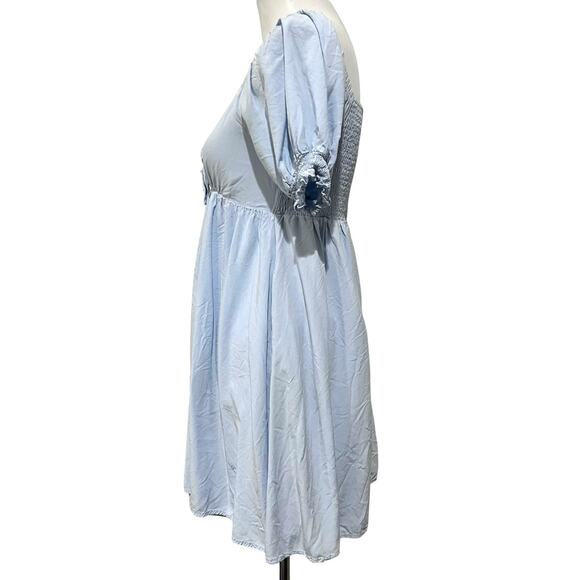Altar’d State Dress Mini Tie Front Puff Sleeve Light Blue Empire Waist Womens M - Picture 3 of 9